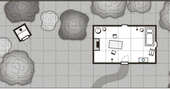 A small map of a cabin in the woods and its privy.
It has one door and two windows, and there is a small fireplace, a table with two chairs, a bed, some barrels, a chest, and a desk with a washbasin on top of it.