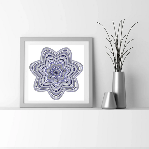 Abstract art in a frame on a shelf with some little vases next to it. The art looks like a flower.