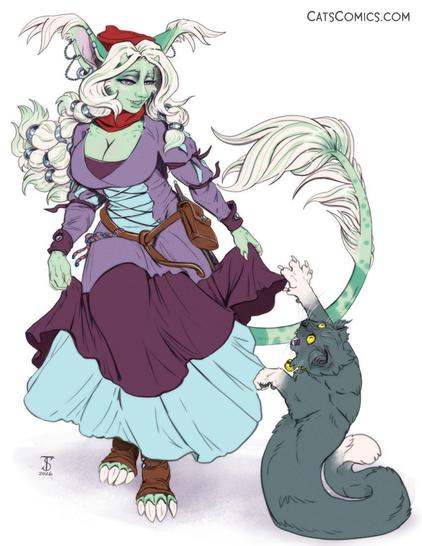 A colour digital sketch of Goblin-Kobold OC named Mitzi dancing with a pet tatzelwurm named Nudel