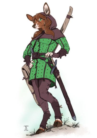 A digital flat colour sketch of a Anthro deer lady dressed in fantasy attire named Alchemy and owned by Alchemy