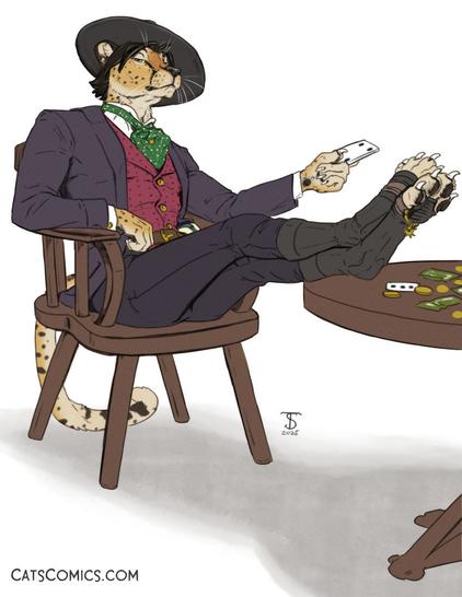 A digital sketch of a anthro cheetah in wild west attire with cards/money on a table. Character name is Keje'Fas Fey'Lya owned by Raptorz
