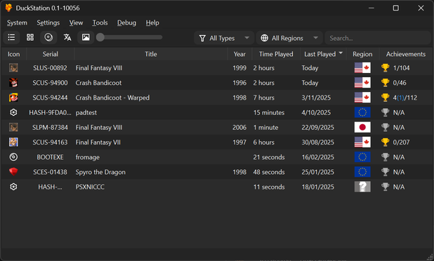 🕶️ A view of its user interface (v. 0.1-10056 with a dark theme) showing a list of games in list view (with icon, name, year, game time, game date, region, and achievements), and its menus at the top.

📚️ A free, multi-platform SONY PlayStation 1 (PSX, PSone) game console emulator focused on accuracy, playability, maintainability and performance on low-end devices. It requires an external BIOS to operate.It offers an interface (Qt or SDL), Android and libretro support, hardware and software rendering, support for high-resolution widescreen displays, scaling, filtering of textures and true colors (24-bit), force feedback for the joystick and state load/save.