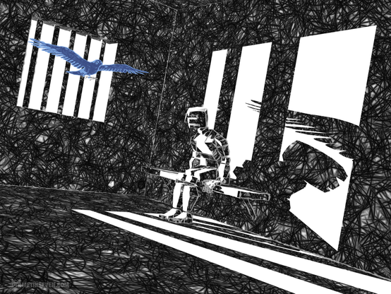 Moody, stylized black and white scene, showing a man sitting on a bench in a prison cell, while a large blue dove flies through the bars of the only window.
