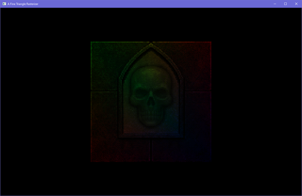 a quad featuring a skull in a gothic embossed section on a wall, it has a color gradient from green to red to blue from top left to bottom right