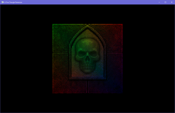 a quad featuring a skull in a gothic embossed section on a wall, it has a color gradient from green to red to blue from top left to bottom right. it's not nearly as dark and washed out as before