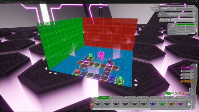 A screenshot from the Project Shinar level editor showing a level being edited. The level settings and editor controls are along the right side of the screen, in the middle of the screen floats the level with a blue grid below the level showing the maximum level extent on the x and y axis, and green and red grids to the left and behind the level showing the possible extent of the level on the z axis (yes, this is Unreal engine, so z is up.) To the side of the blue grid are four arrow buttons that allow the level to be moved left/right or back/forward, while beside the green grid are arrow buttons to allow the level to be moved up or down.