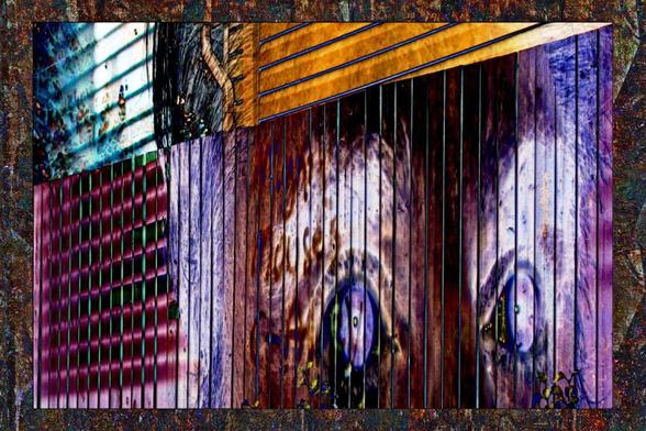 A double exposure of a close-up of a pair of eyes and a photo of a backyard fence creates a surreal dreamscape of glowing eyes on the fence.