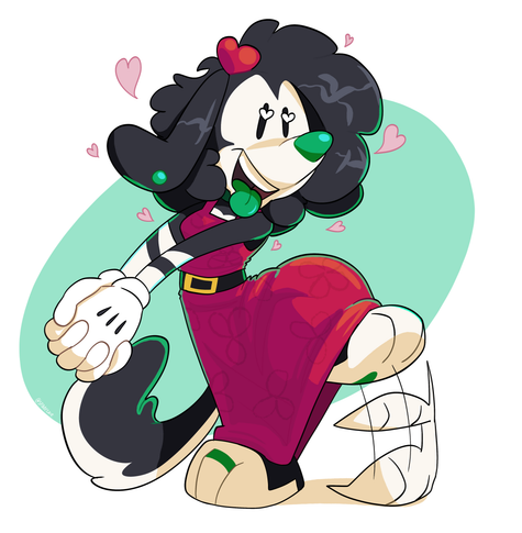 A rubberhose cartoon character in a red dress looking smitten with something off-camera.