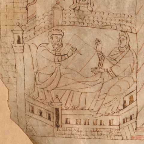 Medieval manuscript image of a prison in which a man writes in a codex, resting his left hand on his chin as if in thought; a woman sits and observes, gesturing with her hands.