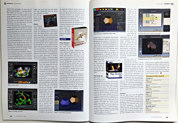 Spread of the PC-Active paper magazine, showing two pages of early 3D editor reviews.