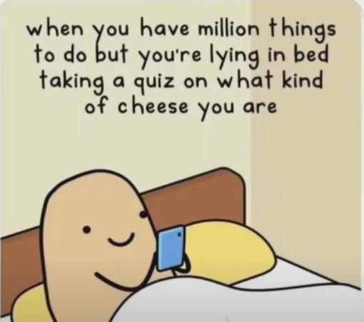 A potato character lies in bed taking a phone quiz on what kind of cheese they are.