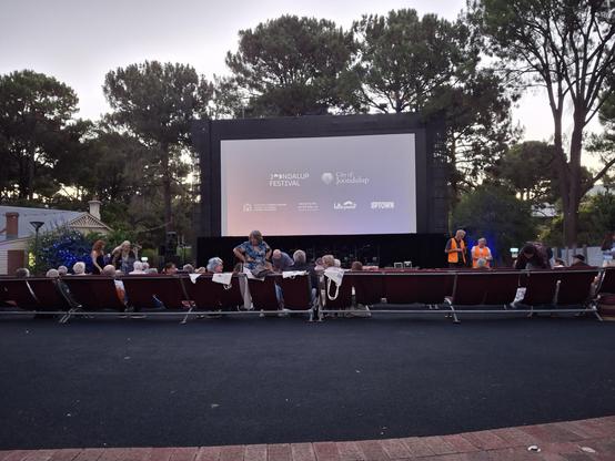 A large outdoor screen with trees behind, and seats in front.