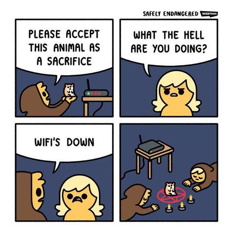 Four-panel cartoon comic. A hooded character holds up a tiny hamster toward a Wi-Fi router and says, “Please accept this animal as a sacrifice.” Another character asks, “What the hell are you doing?” The response is, “WiFi’s down.” In the last panel, two hooded figures kneel around the hamster inside a red ritual circle with candles, as if performing a spell to fix the internet.