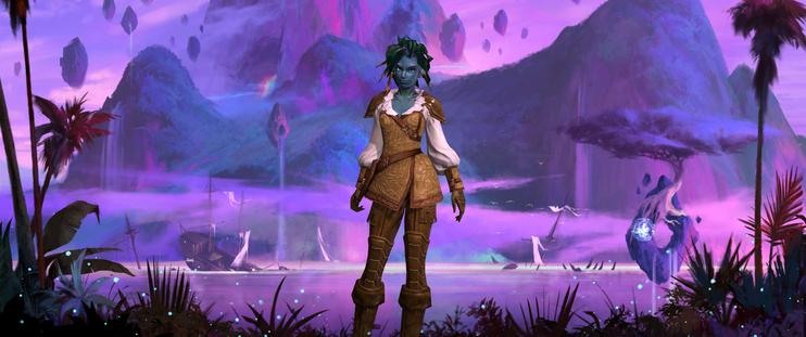 Guild Wars 2 character select screen featuring a Sylvari woman, blue skin with leaves and cattails for hair wearing a brown and white outfit against a purple hued mountain background. Slightly mischievous look on her face.