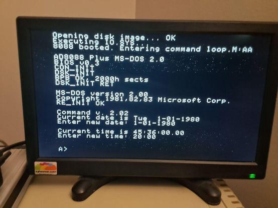 Apple IIe booting MS-DOS 2.0 running on AD8088 coprocessor card
