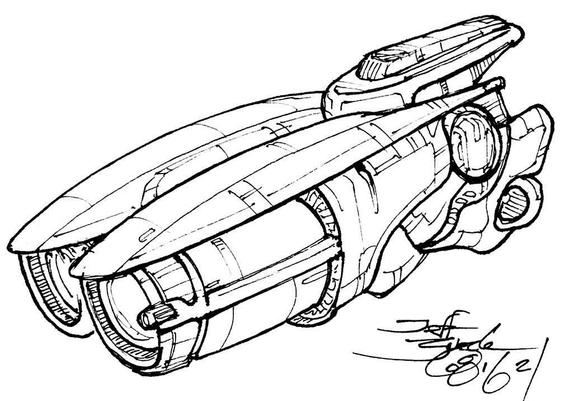 Long pair of binoculars with a short shotgun stock and cabin pod at top rear. It's got curvy shells over the two binocular barrels and lots of techno parting for spaceyness. :)