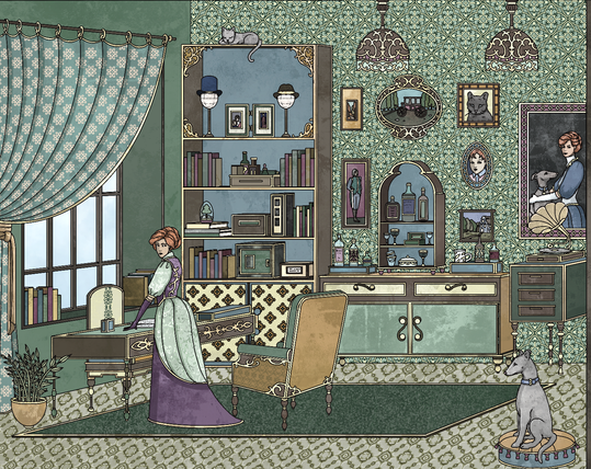 The image shows a green study room. The room has some some shelves with books and alcohol and some paintings on the walls. A larger painting on the wall shows a red-haired woman with a grey dog. There's a table at the left side of the room with some papers on it and the woman from the portrait standing in front of the table. On the right side there's the grey dog from the painting sitting on a floor pillow.