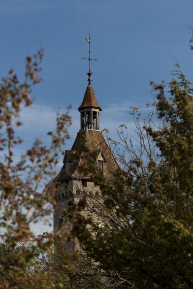 Photo format portrait, avec au premier plan, des arbres flous, et derrière eux, le sommet d’un clocher sur fond de ciel bleu légèrement nuageux