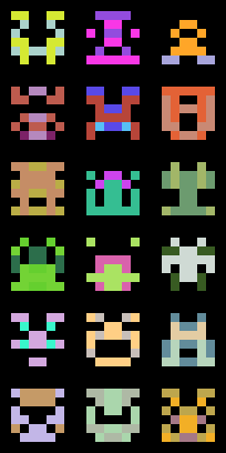 a 3x6 grid of multicolored 6x6 pixel aliens a la space invaders