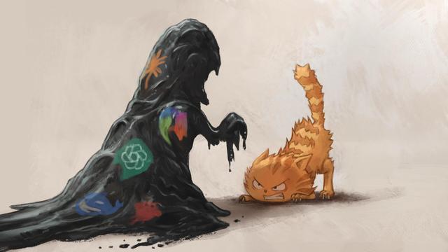Digital painting illustration of a large, black-textured monster made of slop with AI company logos (Claude, Copilot, ChatGPT, DeepSeek, and OpenClaw) emblazoned on its body, walking slowly toward a red cat character (Carrot, the cat of my comic Pepper&Carrot) with zombie-like hands. The cat is in a defensive pose with fur raised and an angry expression, hissing at the approaching creature.