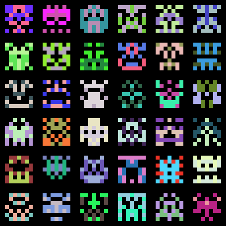 a 6x6 grid of multicolored 7x7 pixel aliens a la space invaders