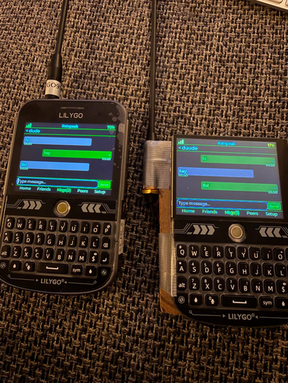 Two Lilygo T-Decks communicating to eachother over LoRa using Ratdeck, a custom firmware supporting Reticulum and LXMF.