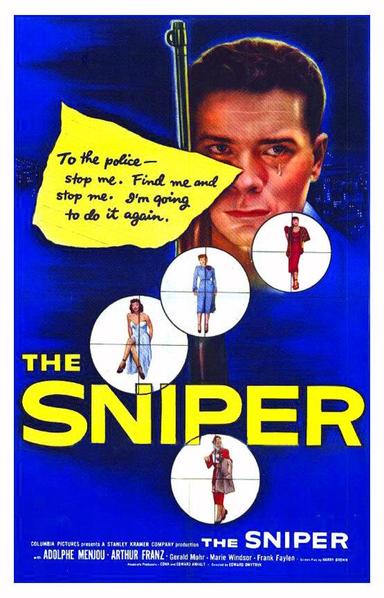 In the background, a man's face with a tear running down it, a rifle barrel held next to him. Overload, multiple circles showing woman in crosshairs. Text in a ripped piece of paper overlaid: "To the police—stop me. Find me and stop me. I'm going to do it again.