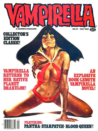 The character Vampirella, dressed in her customary revealing one-piece costume, is on her knees, supporting herself on one hand as she leans forward, reaching out the other hand toward the viewer, the whole thing on a blank white background.
Vampirella magazine cover from 1980.