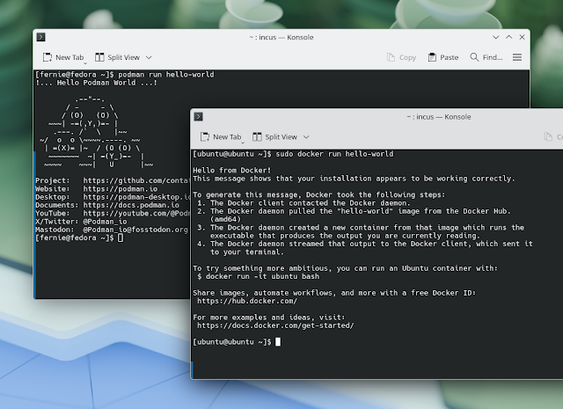 Two terminal windows showing Podman running in a Fedora kapsule on the left and Docker running in an Ubuntu Kapsule on the right.