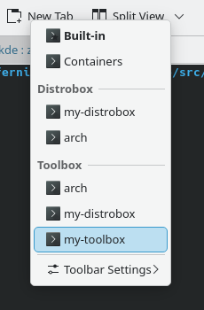 A menu from KDE's terminal app Konsole displaying the different kapsules the user has set up and can now choose from.