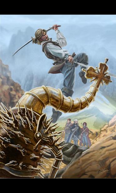 A bizarre golden armour in the foreground,  it gives his back to the observer.
A fencer with two swords, a rapier and a sabre, is making an acrobatic jump and striking the armour head with his rapier. In the background, the carcass of a huge black snake and three people are looking in disbelief. The scene I set in a mountain Pass,
