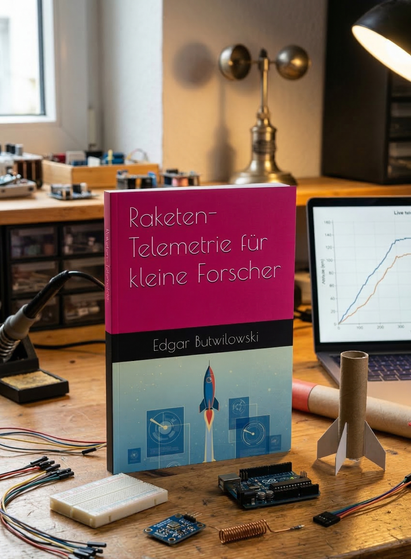 Das Buch "Raketen-Telemetrie für kleine Forscher" steht auf einem hölzernen Basteltisch. Umgeben ist es von Elektronik-Bauteilen wie einem Arduino, bunten Kabeln und einer kleinen Modellrakete. Im Hintergrund zeigt ein Laptop eine Live-Datenkurve in warmer Werkstatt-Atmosphäre.