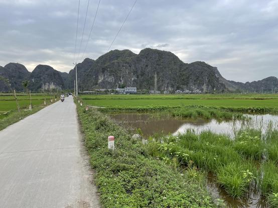 A photo of a tarmac road, straight as an arrow, running through endless rice fields, towards forested, steep hills in the distance. The fields are fully flooded with shallow water. There is one motorbike on the road. The sky is mostly cloudy.