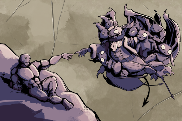 Rocco and the Imperor acting out the Adam/God scene on the sistine chapel. Imps are playing the role of the angels.