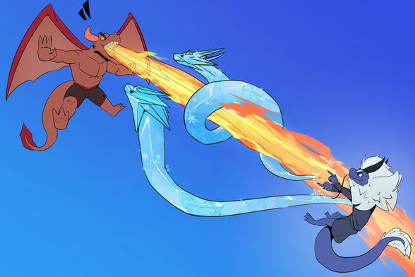 Durdam the red winged dragon shooting her fire breath as a beam at the elder long wingless Dao Gan, who's attacking by summoning two coily ice serpents at her! Tags: furry, scalie, artforme, spaceRARt, dragon, winged, wingless, flying, floating, levitation, fire_breath, fire, breath, powers, ice, ice_powers, cryokinesis, old, elder, male, buff, muscular, shirtless, female, fighting, battle