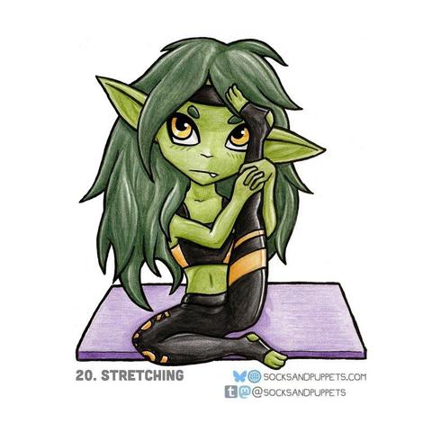 Konsi the goblin, in her workout outfit, seated, stretching her leg to that her toes touch her forehead.