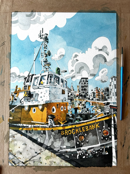 A painting of a tugboat.