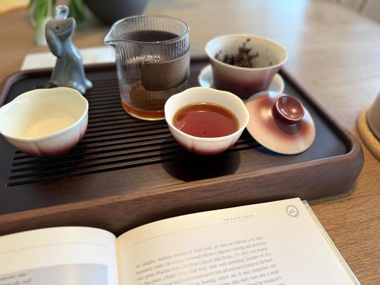 Gong fu style tea tray and abook on a wooden table.