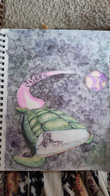 a sea turtle shaped ship with a pink exhaust plume flies through space. the word "nyoom" is in the exhaust trail. the ship is piloted by an alien girl with 4 tentacle arms. in the background is a purple and orange planet