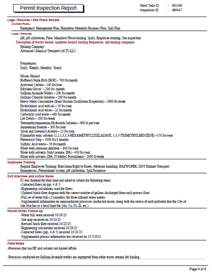 image of detailed inspection report written by city of san jose