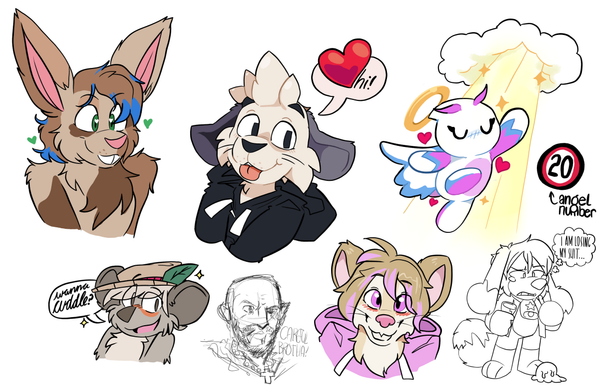 A sketch page of a bunny, a chinchilla, a chao, a koala, a mouse and a bunnyfox in various poses. They all seem somewhat happy, except for the bunnyfox, who dropped their icecream.