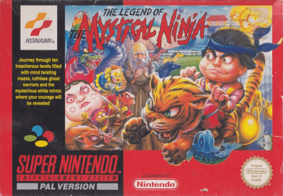 Pal version box art for The Legend of the Mystical Ninja. It depicts Kid Ying on the right hand side riding a tiger, to the left is a number of different enemies he will encounter during the game, including a boar, a monkey, a samurai and Dragon. There is also a clown in the mix there.

In the background two horses engaged in a horse race can be seen. 

Text to the left of the box reads:
Journey through ten treacherous levels filled with mind twisting mazes, ruthless ghost warriors and the mysterious white mirror where your courage will be revealed