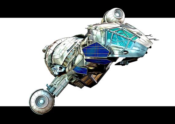 A digital rendering of  "Serenity" a Firefly class transport as seen in the TV show Firefly. She is flying towards the viewer with engines on small stubby wings slightly angled downwards.