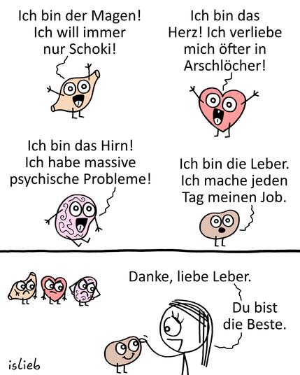 Ein Comic, in dem vier menschliche Organe als kleine Figuren mit Gesichtern dargestellt werden.

Im oberen Teil stellen sie sich nacheinander vor:

Der Magen ruft fröhlich mit erhobenen Armen: „Ich bin der Magen! Ich will immer nur Schoki!“

Das Herz ruft ebenso fröhlich: „Ich bin das Herz! Ich verliebe mich öfter in Arschlöcher!“

Das Gehirn sagt mit weit aufgerissenen Augen: „Ich bin das Hirn! Ich habe massive psychische Probleme!“

Die Leber steht ruhig da und sagt: „Ich bin die Leber. Ich mache jeden Tag meinen Job.“

Im unteren Bildteil streichelt eine Frau der Leber über den Kopf und sagt: „Danke, liebe Leber. Du bist die Beste.“ Im Hintergrund stehen Magen, Herz und Hirn zusammen und schauen verärgert zu.