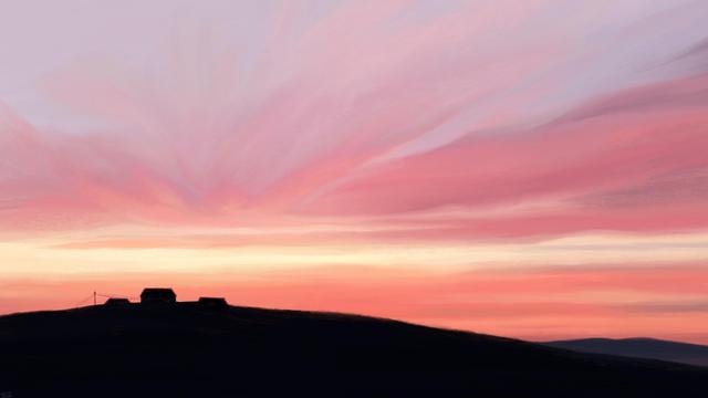 Digital painting of a sunrise scene: the sky is a pale yellow, filled with wispy, pink clouds. In the bottom half, the clouds are flat, but in the top half, they are converging to the same spot. Below, dark silhouettes of low mountains, with a few houses on the horizon.