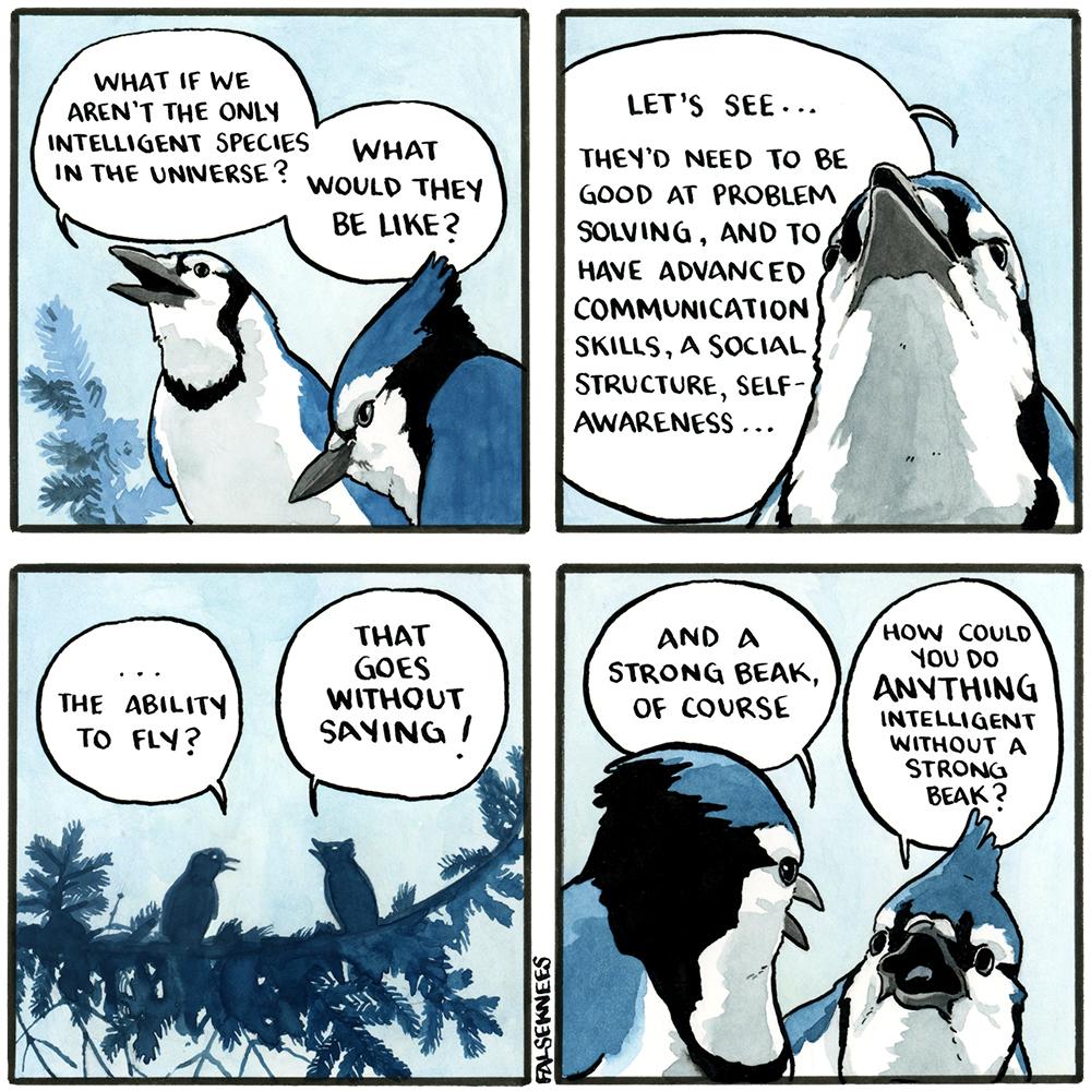Comic about philosopher birds discussing signs of intelligence in other animals.