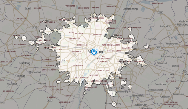 30 min reachability map from Munich center