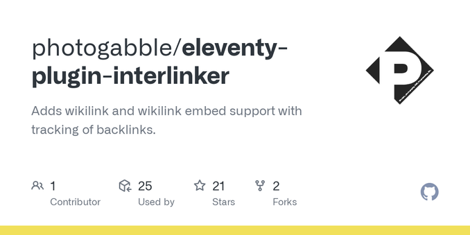 Adds wikilink and wikilink embed support with tracking of backlinks. - photogabble/eleventy-plugin-interlinker