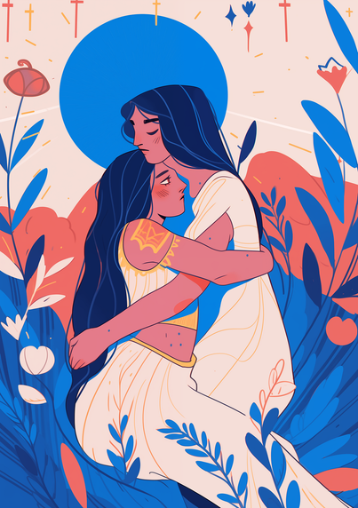 A depiction of two women embracing, done all in pinks and blues.