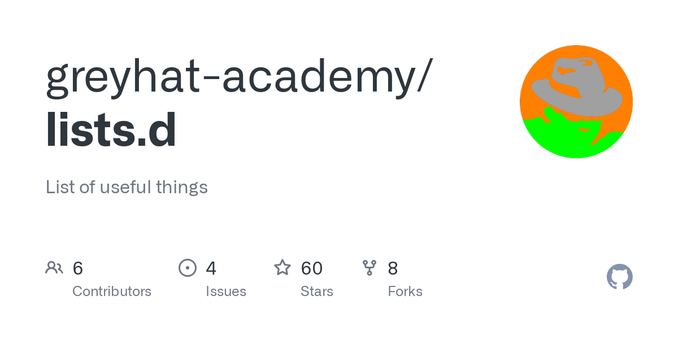 List of useful things. Contribute to greyhat-academy/lists.d development by creating an account on GitHub. List of useful things. Contribute to greyhat-academy/lists.d development by creating an account on GitHub.